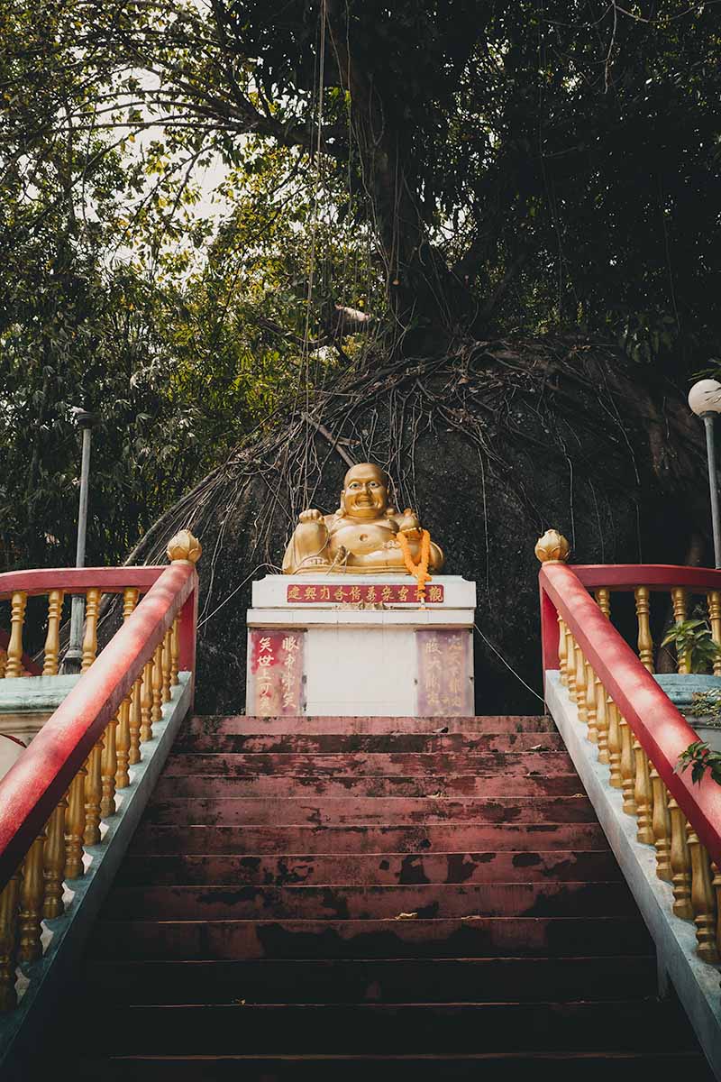 A set of stairs with a gold statue of the Buddha at the top.