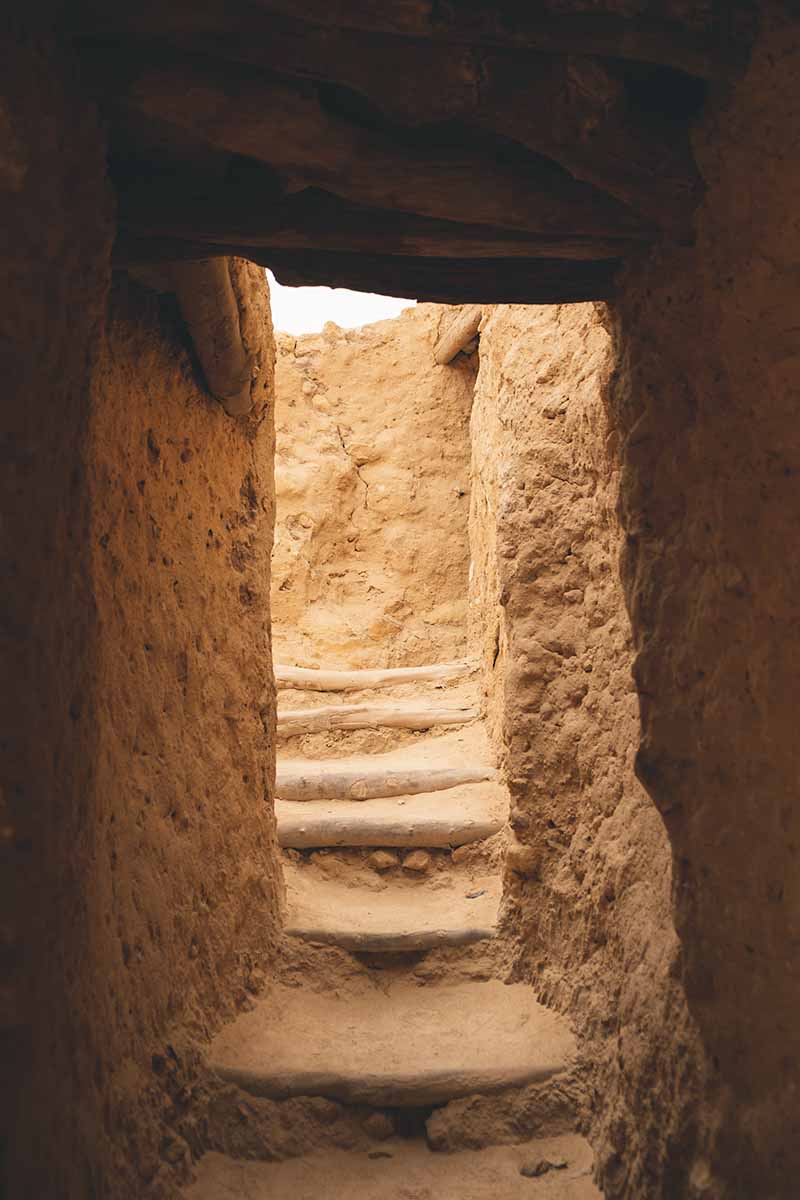 A narrow stone stairway within the grounds of the Oracle Temple.