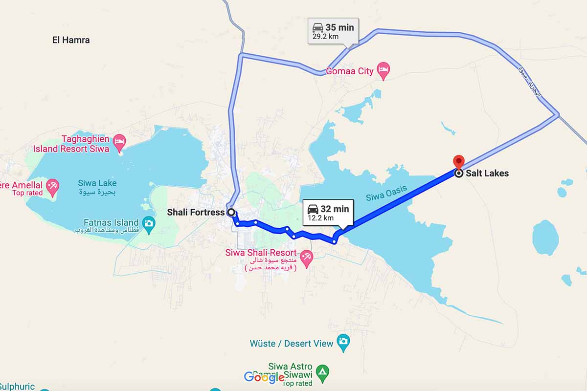 Google Maps directions showing the best routes to drive from Shali Fortress to the Salt Lakes.