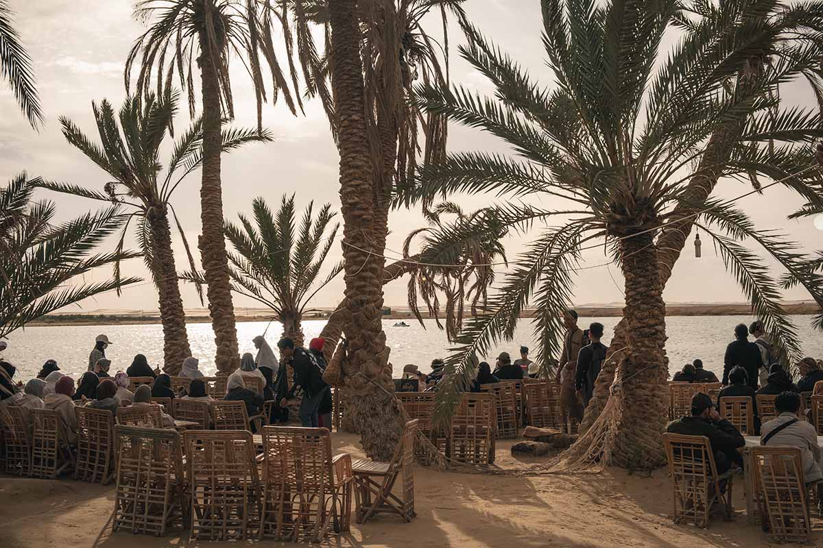 Rows of people sitting on wooden chairs amongst date palm trees looking out over Fatnas Lake.