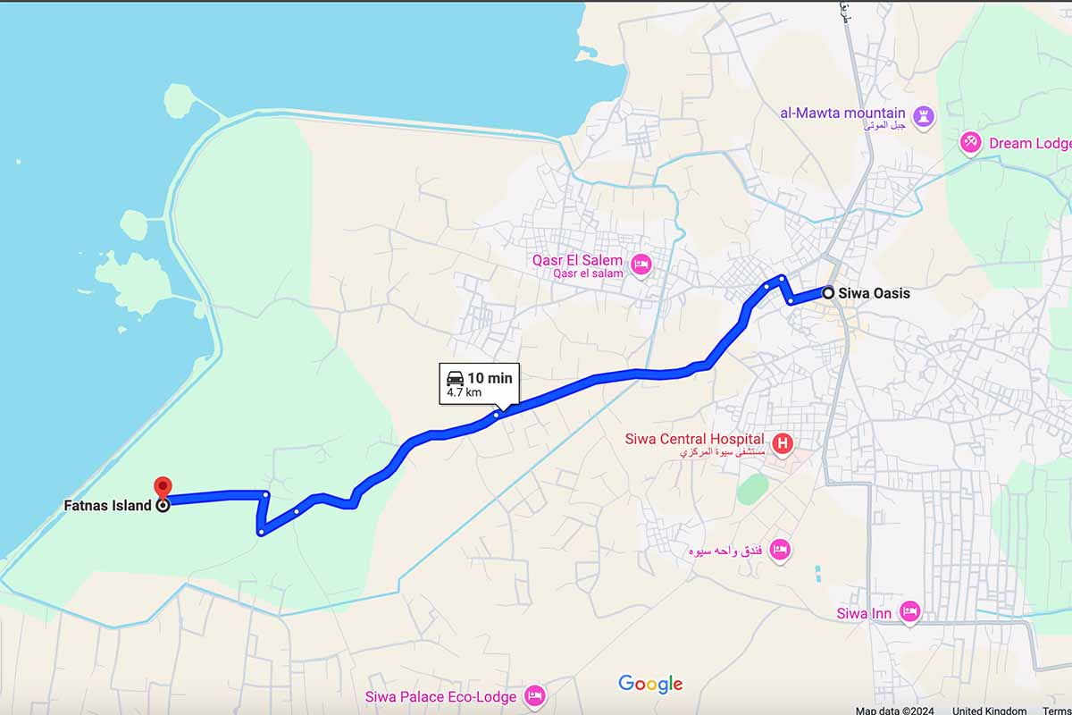 Google Maps directions showing the best route to drive from Siwa Oasis to Fatnas Island.