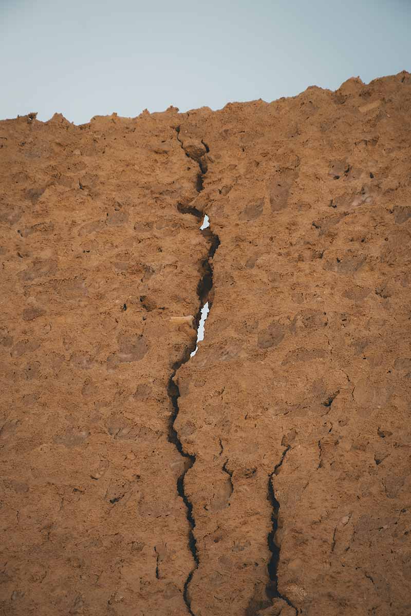 A kershef brick wall with a large vertical crack that almost reaches the top.