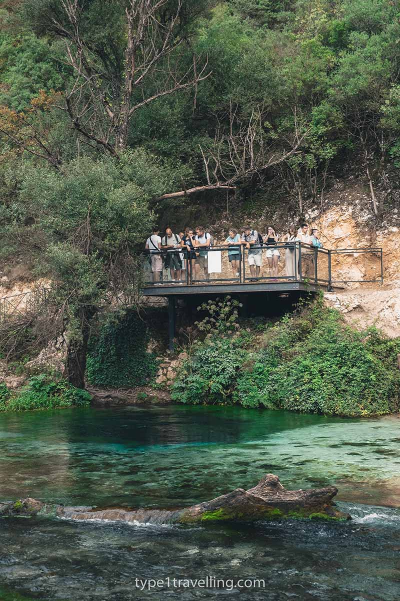 A group of people standing on the Blue Eye observation deck looking down at the natural spring.