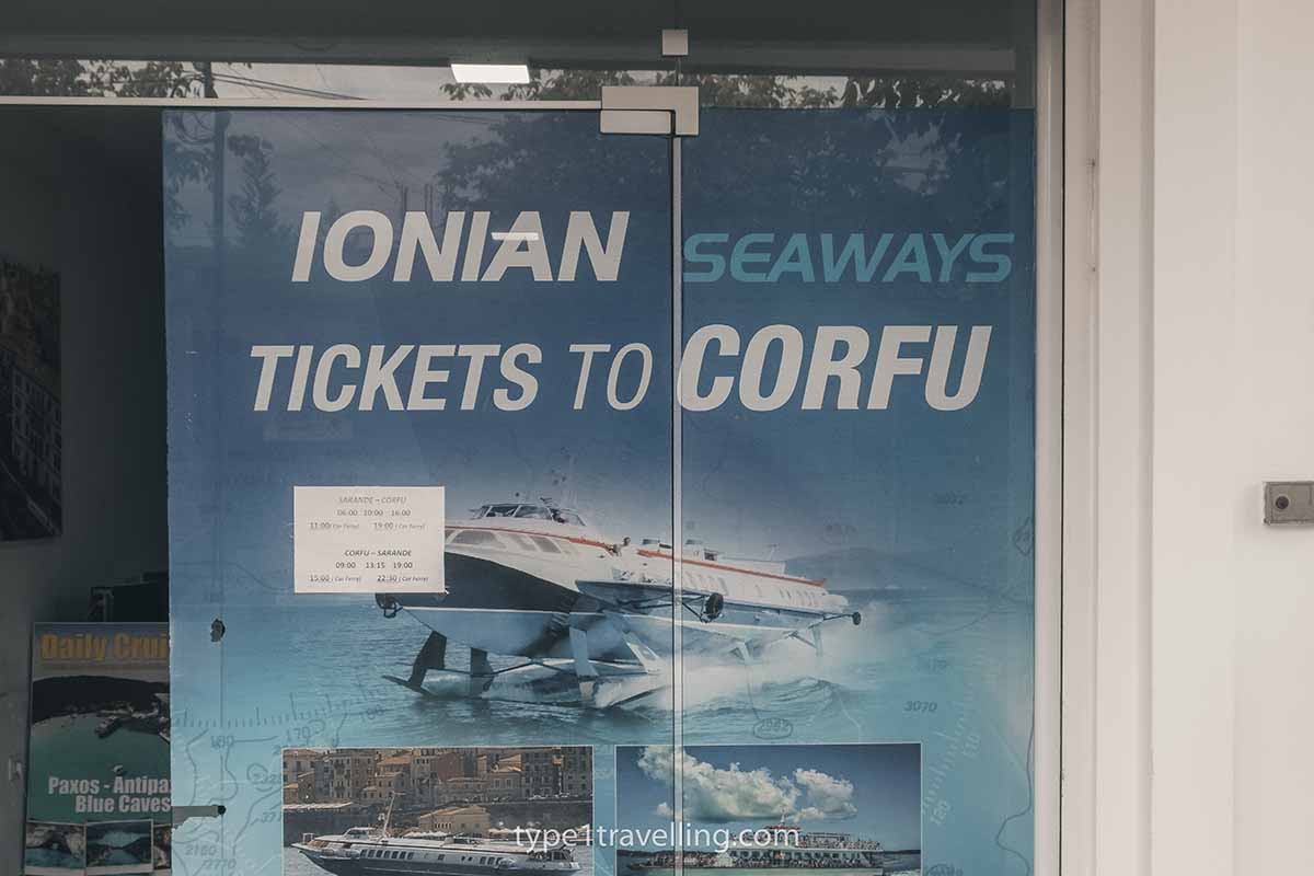 The Ionian Seaways office in Saranda with tickets to Corfu advertised in its window.