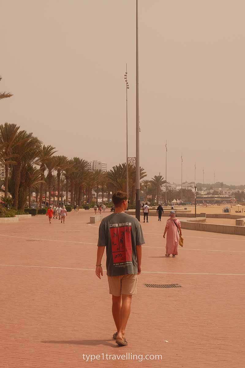 A man walking along the Agadir Promenade which is lined with palm trees on one side and Agadir Beach on the other.